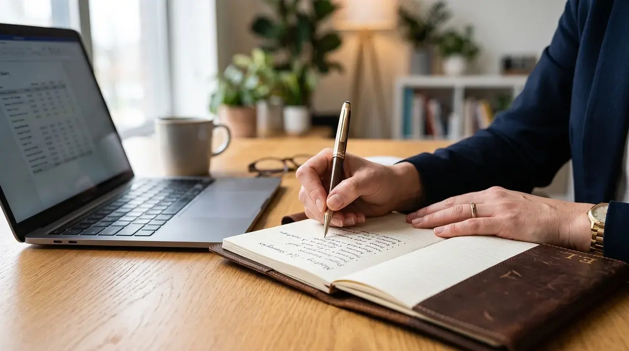 Research notes written beside a laptop on a study desk